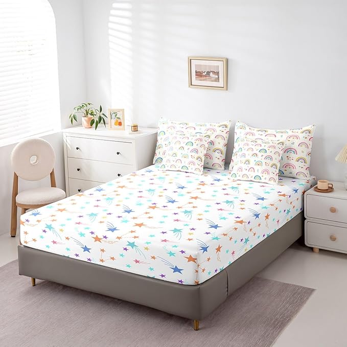 Feelyou Kids Rainbow 7 Pieces Bedding Set King Size, Colorful Stripes Comforter Set with Sheets Cute Cartoon Bed in A Bag Boys Girls Multicolor Teens Bed Set Bedroom Decor 7Pcs