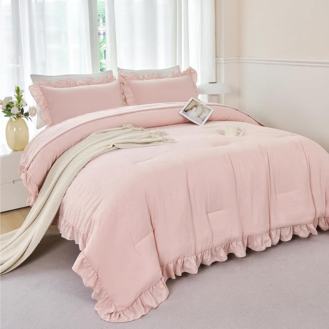 ANGIYUIN Blush Pink Comforter Sets Twin Size 5 Pieces Ruffle Bed in A Bag Farmhouse Bedding Sets Solid Color Soft Fluffy Bed Sets for Kids Girls（Blush Pink Twin）