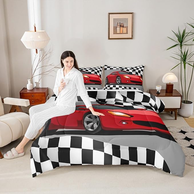 Feelyou Sports Car Bedding Set Red Racing Car Comforter for Kids Boys Girls Teens Extreme Sports Theme Comforter Set Race Sports Car Duvet Set Black and White Grid Room Decor Quilt Set Queen Size