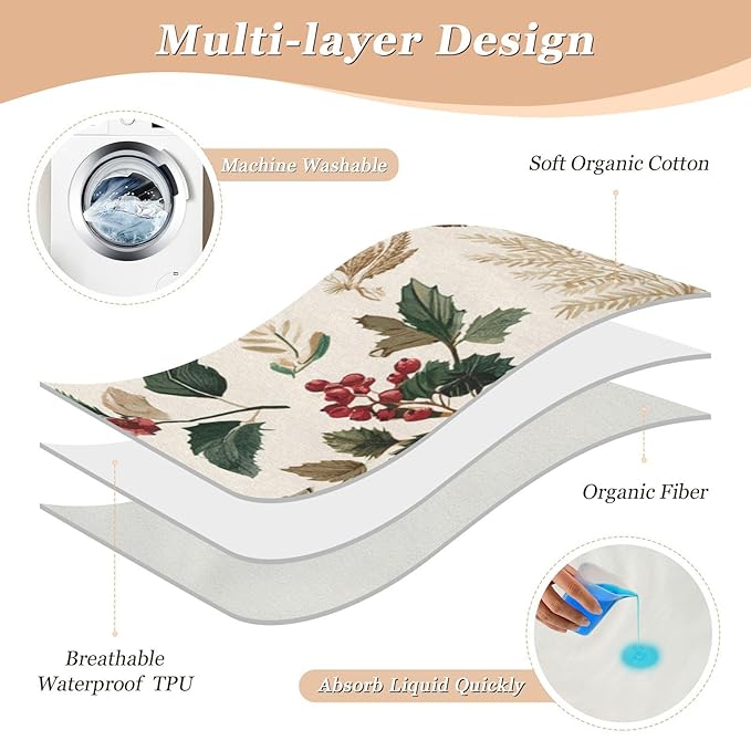 Waterproof Bed Pad Reusable Changing Pad Toddler Mattress Protector Large Pee Pad Baby Diaper Pad Soft Washable Liner Beige Holly Leaves Pine Needles Pinecones