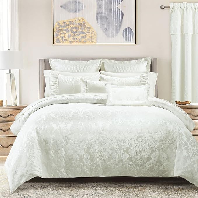 Royal Hotel Bedding Luxury 7 Piece Sara Jacquard Duvet Cover Set (Comforter Cover), Corner Ties with Duvet Cover and Button Closure, King/Cal King Size, White