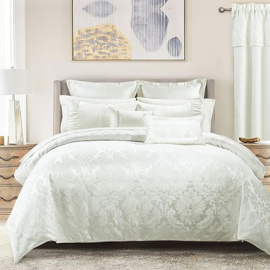 Royal Hotel Bedding Luxury 7 Piece Sara Jacquard Duvet Cover Set (Comforter Cover), Corner Ties with Duvet Cover and Button Closure, King/Cal King Size, White