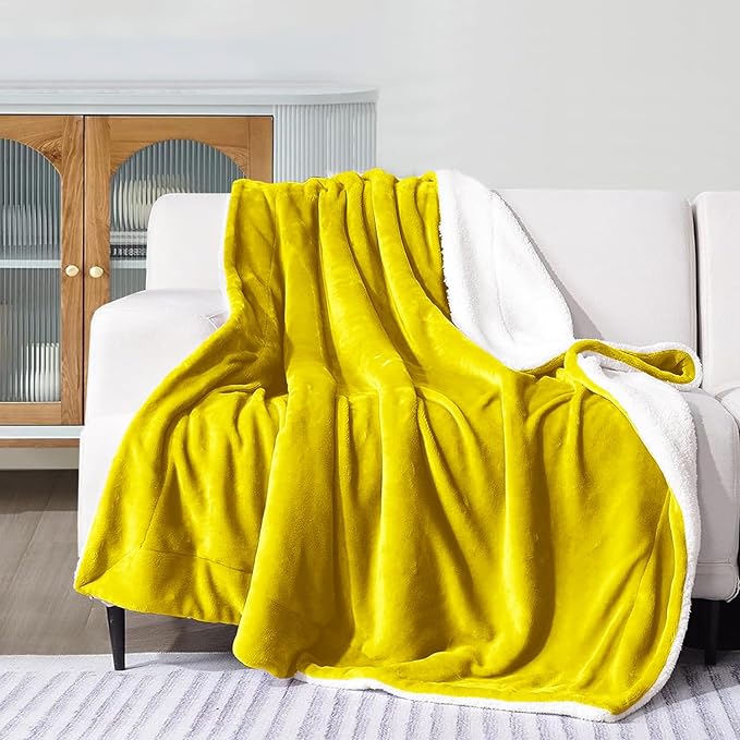 MOONLIGHT20015 Ochre Sherpa Fleece Throw Blanket Twin Size for Bed - Wholesale Bulk Pack of 12 Sherpa Blankets - Soft Fluffy Throw Blankets for Hotels, Guest Bedroom (Yellow, 60x80 Inches)
