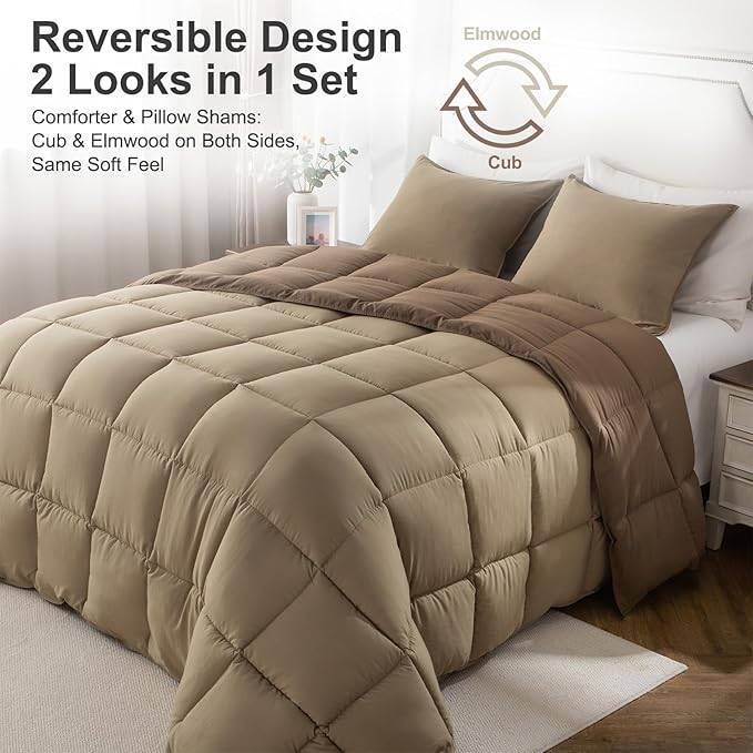 KASENTEX King Comforter Set – Reversible Dual Color – Goose Down Alternative – Ultra-Soft, Lightweight, Machine Washable, Maintain Fluffiness, All Season Warmth (Cub/Elmwood)