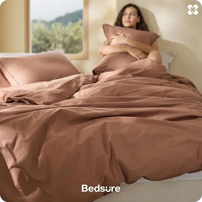 Bedsure Cotton Duvet Cover Queen - Luxury Slub Weave 100% Cotton Duvet Cover with a Linen Like Textured, Easy Change Durable Bedding, Mocha Mousse, 90" x 90"
