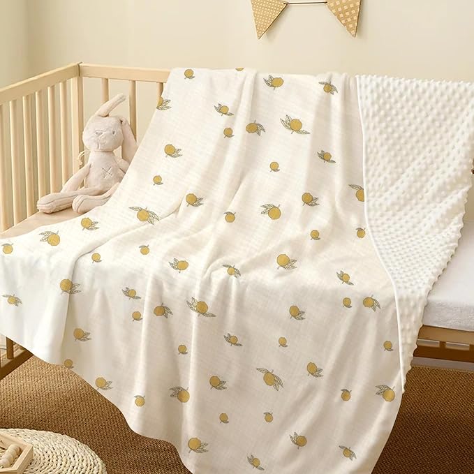 Fluffy-backed Swaddle Blankets Baby Double Layer Muslin 100% Cotton Front Nursery Plush Dotted Fleece Back Receiving Bed Quilt Blanket for Unisex Newborn Baby Toddler Boys Girls 30 x 41 Inches