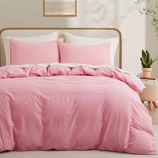 LOVQUE Pink Duvet Cover Full Size, 100% Washed Cotton Linen Like Bedding Set with Zipper Closure (No Comforter), 80x90 Inches