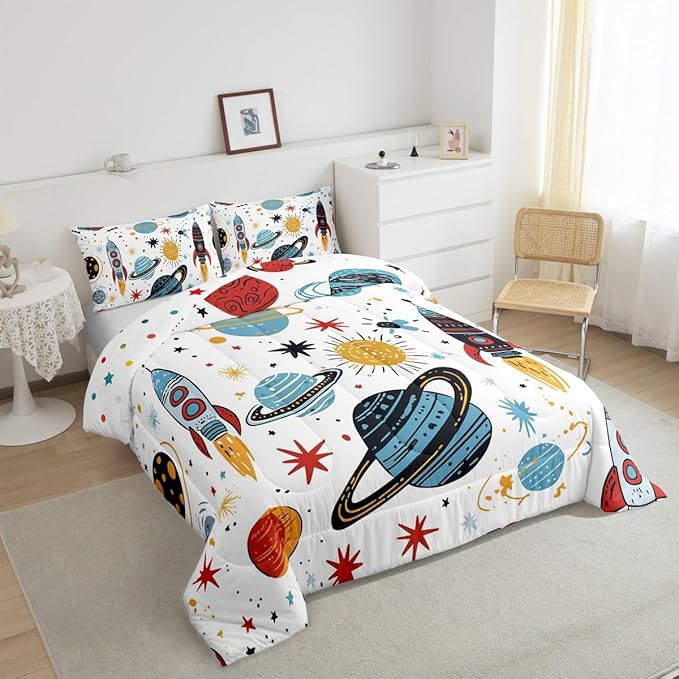 Erosebridal Outer Space Bedding Set King Size Kids Boys Space Ship Rocket Comforter Set Cartoon Universe Stars Planet Down Comforter Cosmos Meteorite Quilt Duvet Set with 2 Pillow Cases