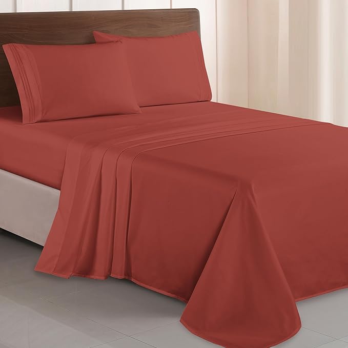 Elegant Comfort Luxurious 1500 Premium Hotel Quality Microfiber Three Line Embroidered Softest 4-Piece Bed Sheet Set, Wrinkle and Fade Resistant, Full, Rust