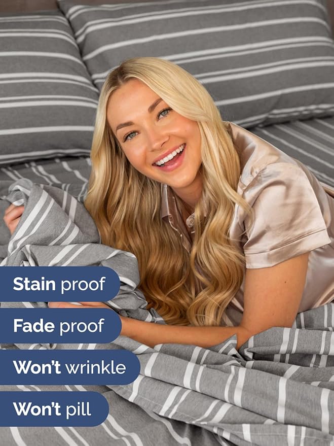 Extra Deep Twin Sheet Set - 4 Piece Breathable and Cooling Sheets - Hotel Luxury Bedding for Women, Men, Kids & Teens - Easy & Secure Fit - Soft and Wrinkle Free - Extra Deep Pockets - Grey Stripes