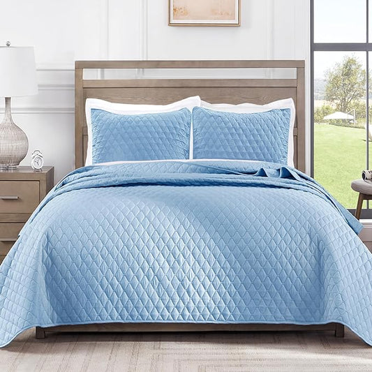 Exclusivo Mezcla Reversible King Size Quilt Bedding Set with Pillow Shams, Lightweight Quilts King Size, Soft Bedspreads Bed Coverlets for All Seasons - (Sky Blue, 104"x96")