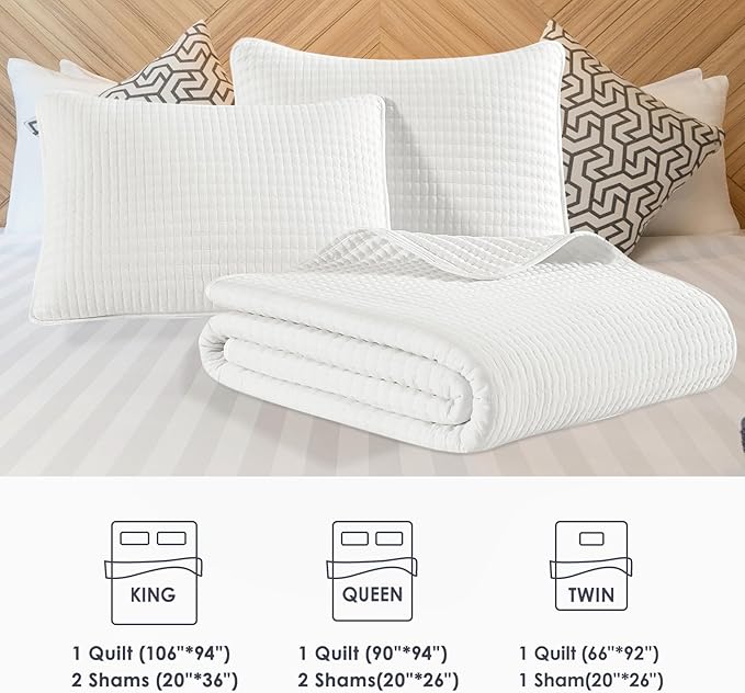 WRENSONGE White King Size Quilt Bedding Sets-3 Pieces Lightweight Bedspreads Summer Coverlet for All Season, Soft King Quilt Bedding Set with 2 Pillow Shams Suitable for Bed, Couch, Quilt Blanket
