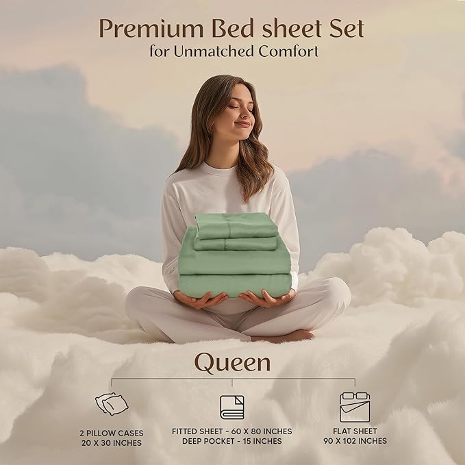 Utopia Bedding Queen Size Sheet Set – 4 Piece Bed Sheets, Soft and Breathable Microfiber, Includes 1 Fitted Sheet, 1 Flat Sheet and 2 Pillowcases – Oeko Tex (Sage)