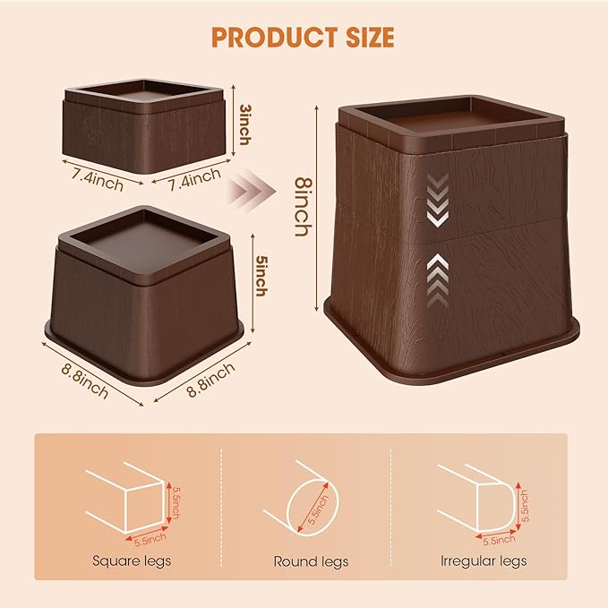Adjustable Bed Risers,Elevation in 3, 5 or 8 Inch Heavy Duty Risers,Oversized Fit Up to 5.5" Legs, Stackable Bed Raising Blocks for Couches, Tables, Desks (Brown, 8 inch-4 Pack)