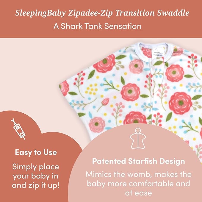 SleepingBaby Zipadee-Zip Transition Swaddle - Cozy Fleece Wearable Blanket with Two-Way Zipper for Baby Sleep - Pretty Poppy, Medium (6-12 Month)