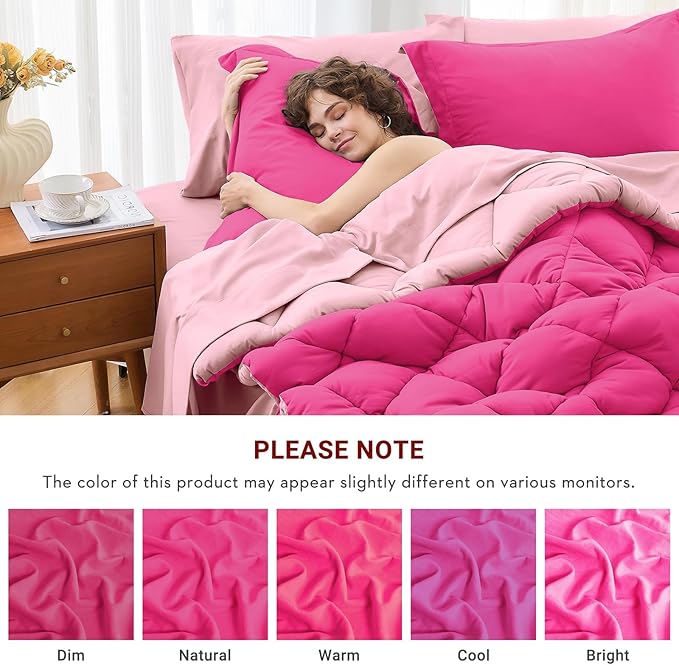 MUXHOMO 7 Pieces Full Comforter Set, Reversible Bed in a Bag Full Size, All Season Bedding Set with Comforter, Flat Sheet, Fitted Sheet, Pillowcases & Shams, Hot Pink & Baby Pink