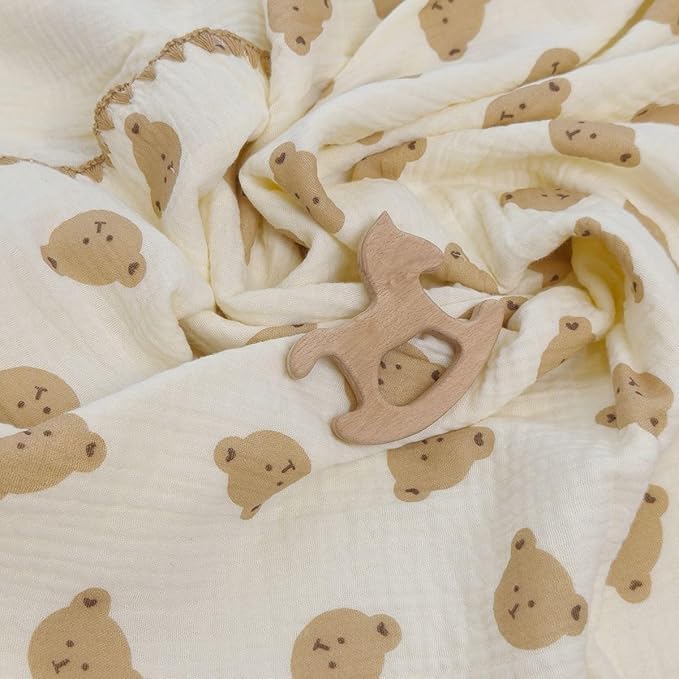Double Layered 100% Cotton Muslin Baby Blanket Ultra-Soft 40x40 Inch Swaddling Nursery Crib Blanket(Cute Bear)