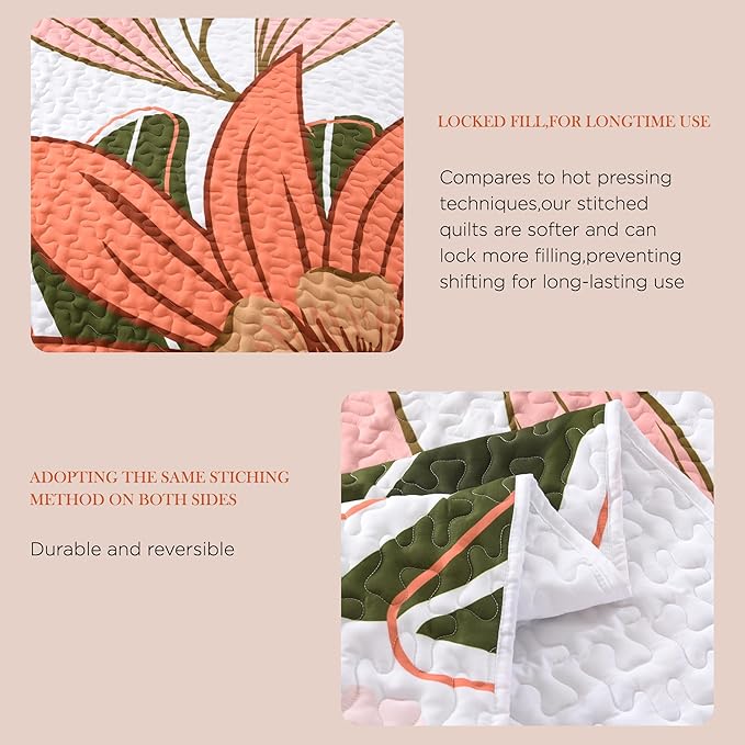Andency Floral Boho Quilt Super King Plus Size Bedding Set Pink, 3 Pieces Farmhouse Flower Botanical Summer Bedspreads with 2 Shams, Soft Reversible Microfiber Coverlet Set for All Season, 128"x120"