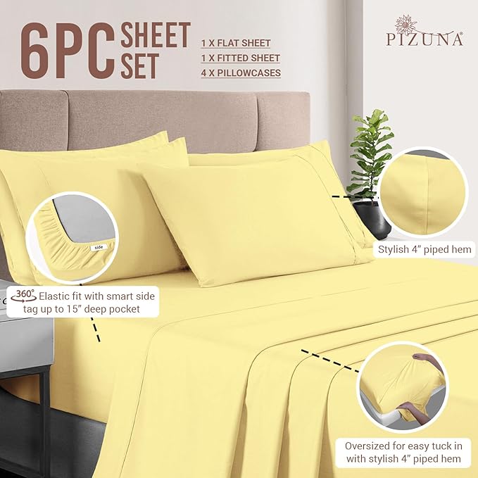 Pizuna Pure 100% Cotton Bed Sheets Set King Size Mellow Yellow, Luxurious 400 Thread Count Long Staple Cotton Sateen King Sheets with 15" Deep 2 Extra Pillowcase (Combed Cotton Bed Sheet Set)