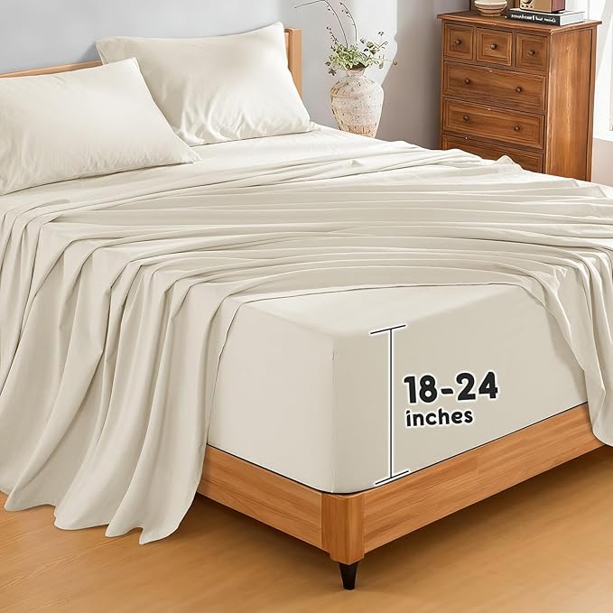 SONORO KATE 100% French Pure Linen Sheets, Extra Deep Pocket up to 18"-24", Breathable and Durable Linen Sheets, Anti-Tear Linen Bed Sheets, Machine Washable - 4 Piece (Cream, Queen(24" deep))