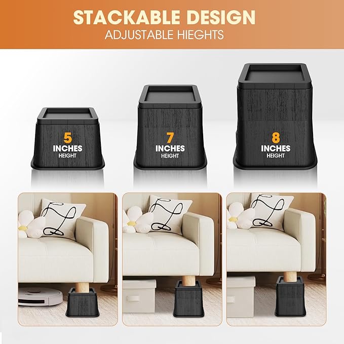 Adjustable Bed Risers,Elevation in 3, 5 or 8 Inch Heavy Duty Risers,Oversized Fit Up to 5.5" Legs, Stackable Bed Raising Blocks for College Dorm Rooms, Couches, Tables, Desks(Set of 4 Riser)