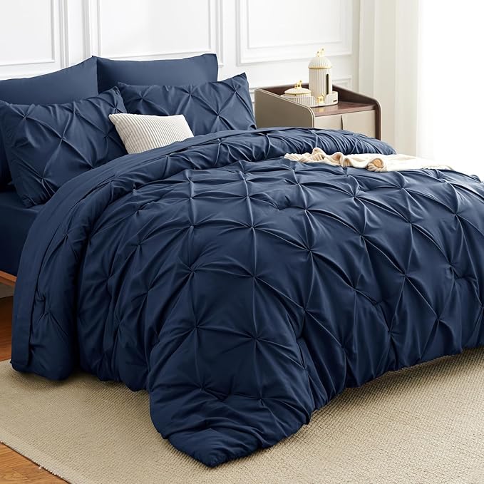 King Comforter Set Navy Blue, 7 Pieces Pintuck Bed in A Bag King Size Bedding, Soft Bed Set All Season Pinch Pleat Comforter Set with Sheets, Pillowcases & Shams