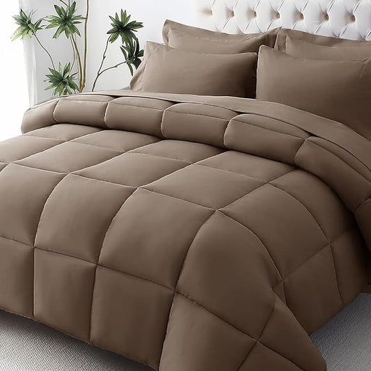 JOLLYVOGUE Full Comforter Set, Ultra-Soft Bed in a Bag Full Size 7 Pieces, Oeko-TEX Certified Bedding Set with Down Alternative Comforter, Sheets, Pillowcases & Shams, Brown