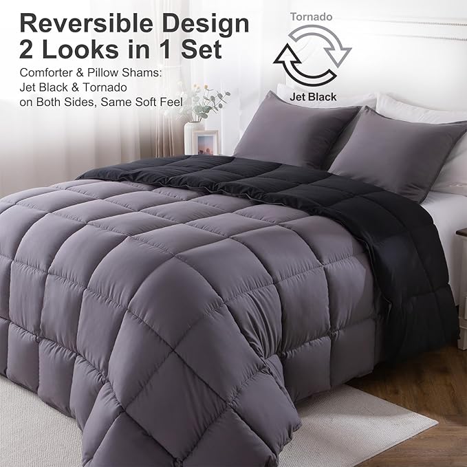 KASENTEX Twin/Twin XL Comforter Set – Reversible Dual Color – Goose Down Alternative – Ultra-Soft, Lightweight, Machine Washable, Maintain Fluffiness, All Season Warmth (Jet Black/Tornado)