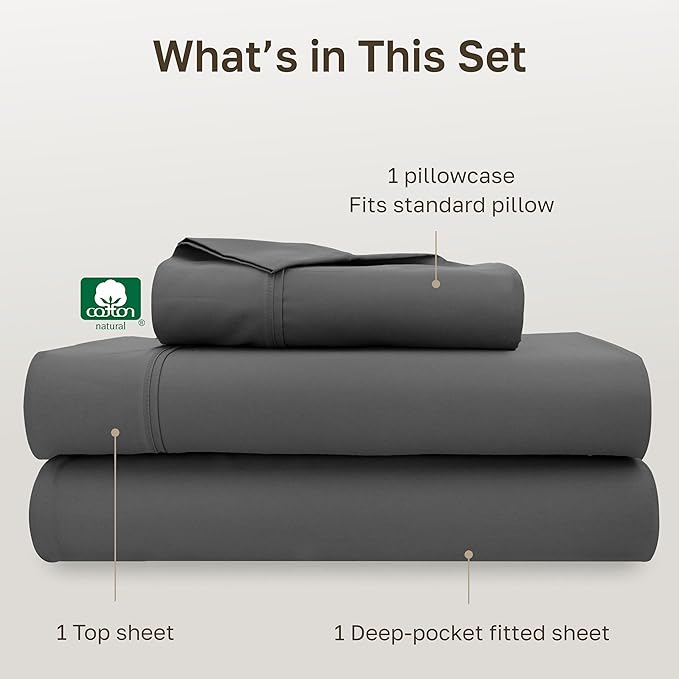 California Design Den Twin XL Sheet Sets - 100% Cotton Sheets, 400 Thread Count Sateen, Deep Pockets, and Durable Bedding, Dorm Essentials for Guys - Grey