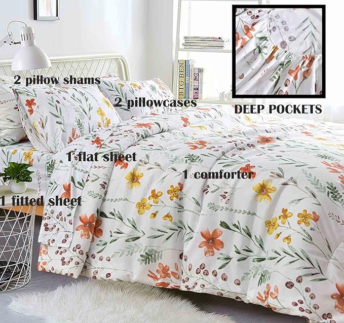 7 Pcs Queen Size Comforter Set with Sheets, White Yellow Floral, Green Leaf Pattern Print Reversible Down Alternative Bed Sets - 90x90 Soft Microfiber Duvet Farmhouse Bedding in a Bag for Women Men