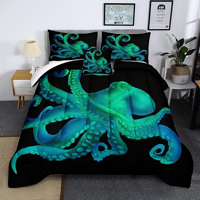 Bedbay Ocean Octopus Comforter Set King Size Ocean Animal Comforter Set for Kids Teens Sea Marine Themed Octopus Bedding Tentacles Pattern King Bedding Set