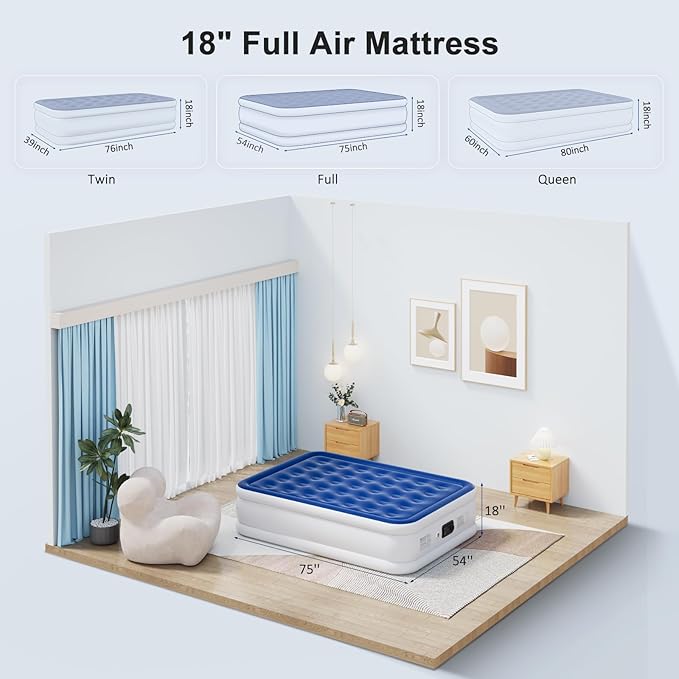 Full Air Mattress with Built-in Pump, 18" Raised Inflatable Bed Blow Up Mattress, Comfort Portable Air Bed for Camping, Home Guests, Travel 650 lbs Max