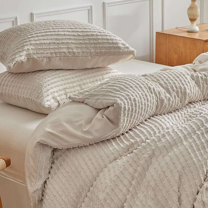 WARMDERN Boho Duvet Cover Set Queen Size,Khaki Striped Duvet Cover Microfiber Bedding Set,3PCS Ultra Soft Breathable Lightweight Tuft Texture Pattern Duvet Covers with Zipper Closure(Khaki,Queen)