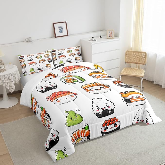 Feelyou Sushi Pattern Comforter Set Japanese-Style Bedding Set for Kids Boys Girls Teens Food Theme Comforter Cute Cartoon Japanese Sushi Duvet Set Room Decor Quilt Set Twin Size Microfiber