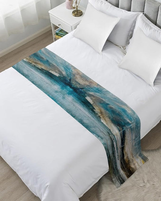 Abstract Mottled Turquoise Green Gray Art Bed Runners for Bedroom Hotel,Decorative Bedding Scarf Retro Painting Bed End Blanket Bedding Runner Scarves for Full Size Bed,83x20in