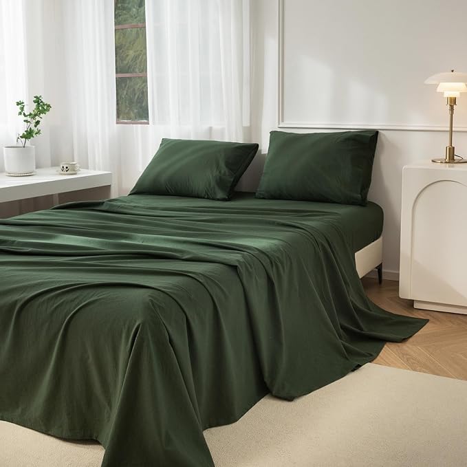 JIYUAN 100% Washed Cotton Sheet Set 4 Pieces King,1 Fitted Sheet,1 Flat Sheet and 2 Pillowcases,Comfy and Breathable Linen Like Bedding Set,Forest Green