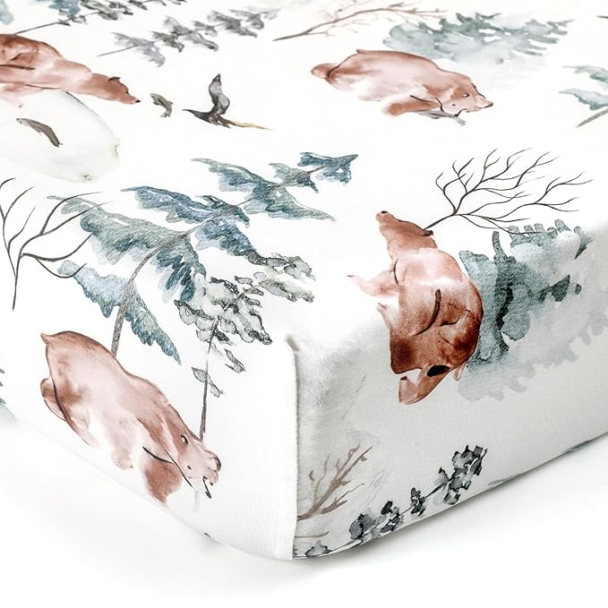 Stretchy Ultra Soft Jersey Knit Fitted Crib Sheets Set 2 Pack，Fit All Standard Crib Mattress Pads Safe and Snug, Stylish Pattren of Bear and Wolf Print