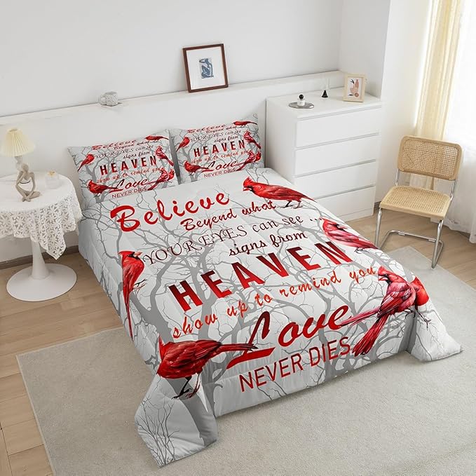 Feelyou Cardinal Bird Comforter Set Queen Size Farmhouse Red Birds Bedding Set for Girls Boys Women Men Tree Branches Decor Comforter Nature Comforter with 2 Pillow Case