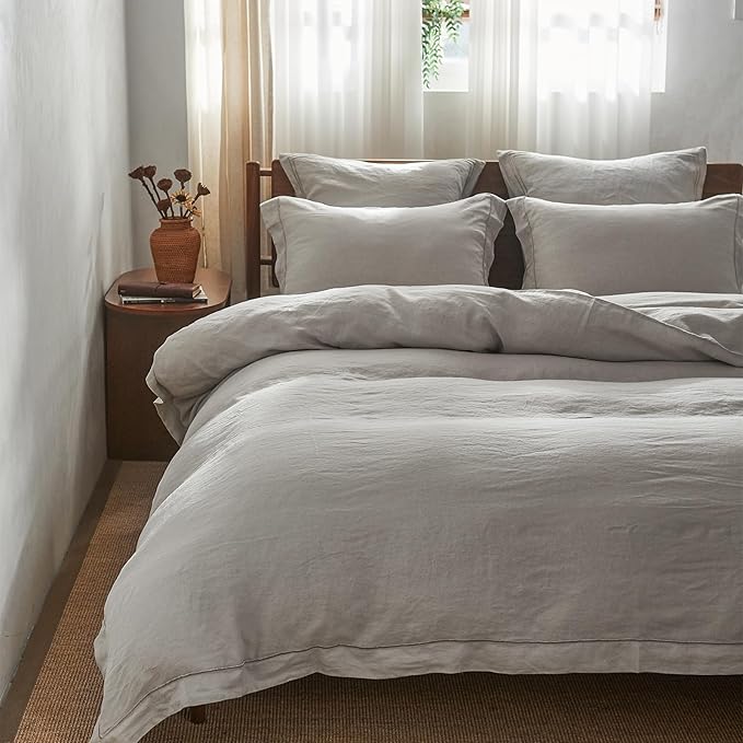 Simple&Opulence 100% Washed Linen Duvet Cover with Embroidered, 2 Pieces Soft Farmhouse Comforter Set with Button Closure,1 Duvet Cover and 1 Pillowsham(Twin,Light Grey)