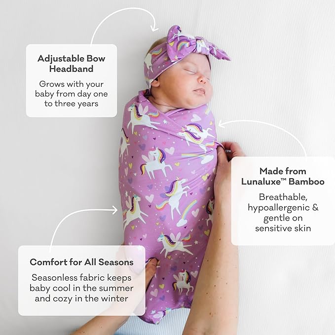 Little Sleepies Swaddle & Headband Bow Set, Viscose from Bamboo Baby Swaddles, Newborn Baby Girl Clothes (Luxe Pink Breakfast Buddies)