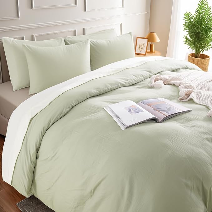 NEXHOME PRO Duvet Cover Set Oversized Queen 98"x98" Linen Feel Textured Organic Natural 100% Washed Cotton Duvet Cover 3 Pieces Bedding Set Zipper Closure, Breathable, Mint Green (No Comforter)