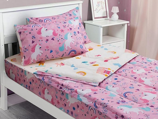 Meeting Story 3pcs Zipper Bedding Set for Girls,Zip Up Bedding Full Kid Bedding Set Rainbow Comforter Unicorn Bedding for Kid,All in one Zipper Bedding(Pink,Full)