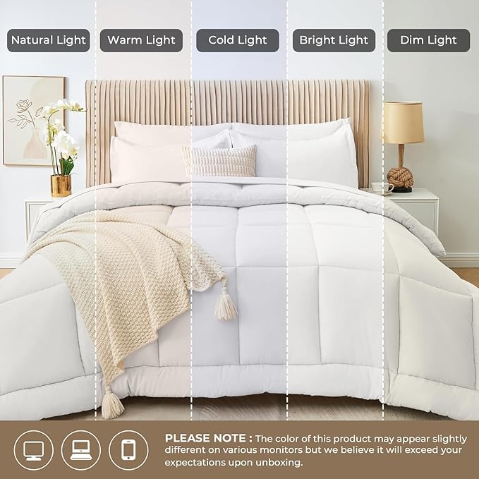 Sasttie Twin XL Comforter Set, 5 Pieces Twin XL Bed in a Bag, Complete Bedding Set Includes Comforter, Flat Sheet, Fitted Sheet, Pillowcase and Pillow Sham, Ivory