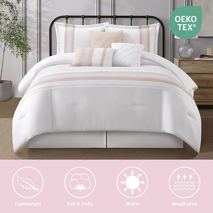 7 Piece Comforter Set, Pink White, Queen Size, Boho Style Geometric Microfiber Embroidery, Bed in a Bag with Bedskirt, Pillow Shams and Decor Pillows