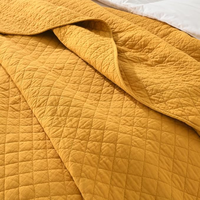 Cotton Quilt Bedding Sets Queen Size, 3 Pieces Reversible Lightweight Coverlets Comforters Bedspreads for All Seasons,Geometric Stitched Pattern,Yellow