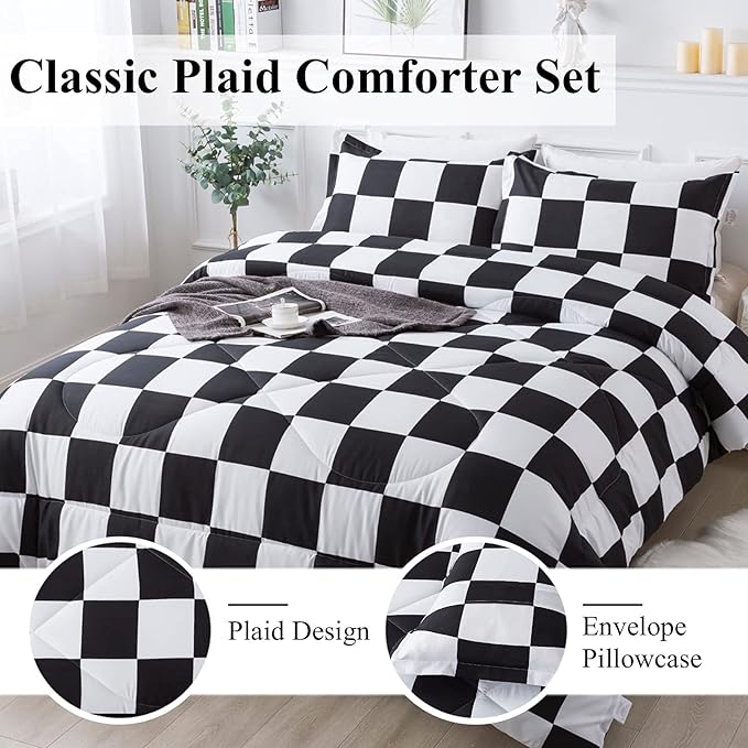 Andency Checkered Comforter Full(79x90Inch), Black White Plaid Gingham Bed Set for Teen Boys Kids, Lightweight Microfiber Geometric Preppy Bedding, 3 Pieces