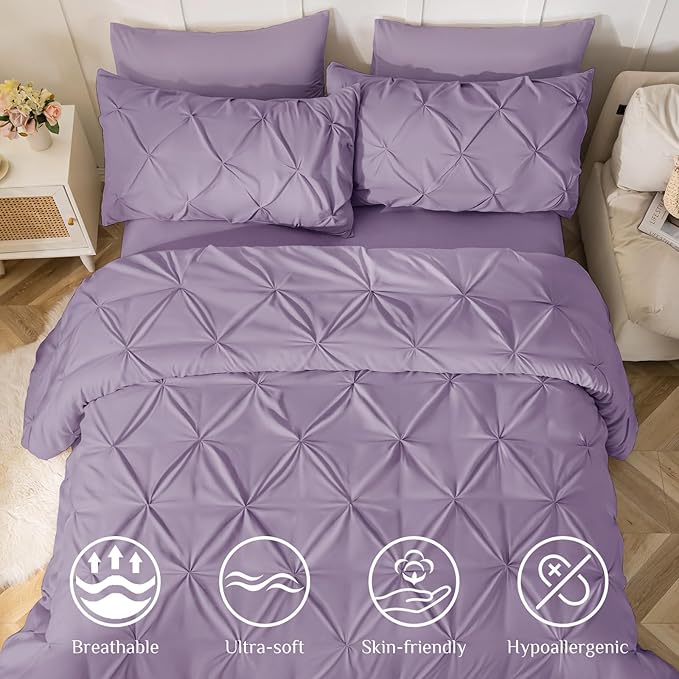 JOLLYVOGUE King Size Comforter Set 7 Pieces - Bed in a Bag King for All Season, Pintuck Bedding Comforter Sets with Comforter, Flat Sheet, Fitted Sheet and Pillowcases & Shams, Purple