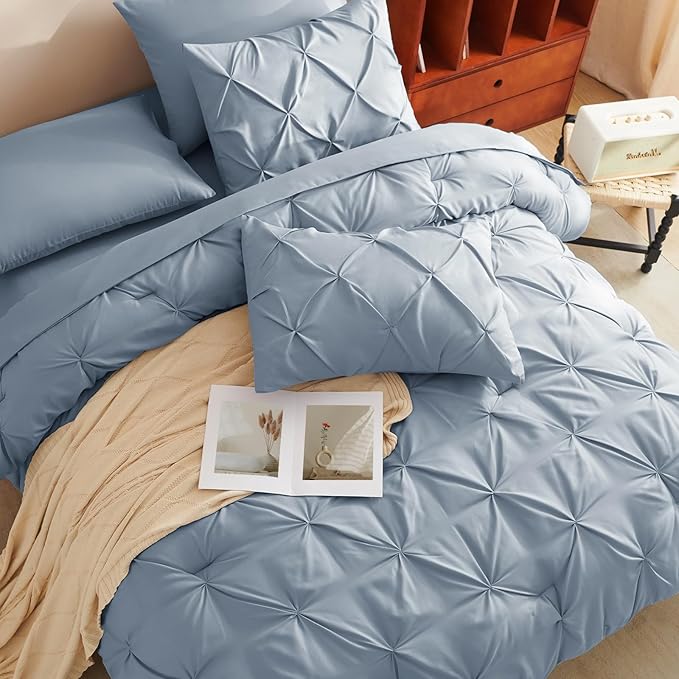 King Comforter Set Grayish Blue, 7 Pieces Pintuck Bed in A Bag King Size Bedding, Soft Bed Set All Season Pinch Pleat Comforter Set with Sheets, Pillowcases & Shams