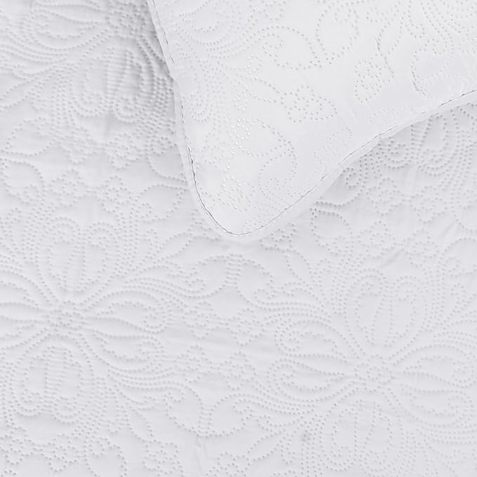 Easy-Going Full/Queen Size Reversible Quilt Set with 1 Quilt and 2 Pillow Shams, Soft Bed Quilt Cover, Water Resistant Lightweight Microfiber Bedspread, Stain Resistant, Damask-White/White