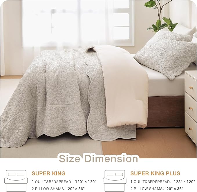 Masaca Oversized King Quilt 120x120,Wheat Crinkled Oversized California King Bedspread Shabby Boho Chic Rustic Lightweight Stone-Washed Scallop Extra Large Quilt Bedding Set Ultra Soft